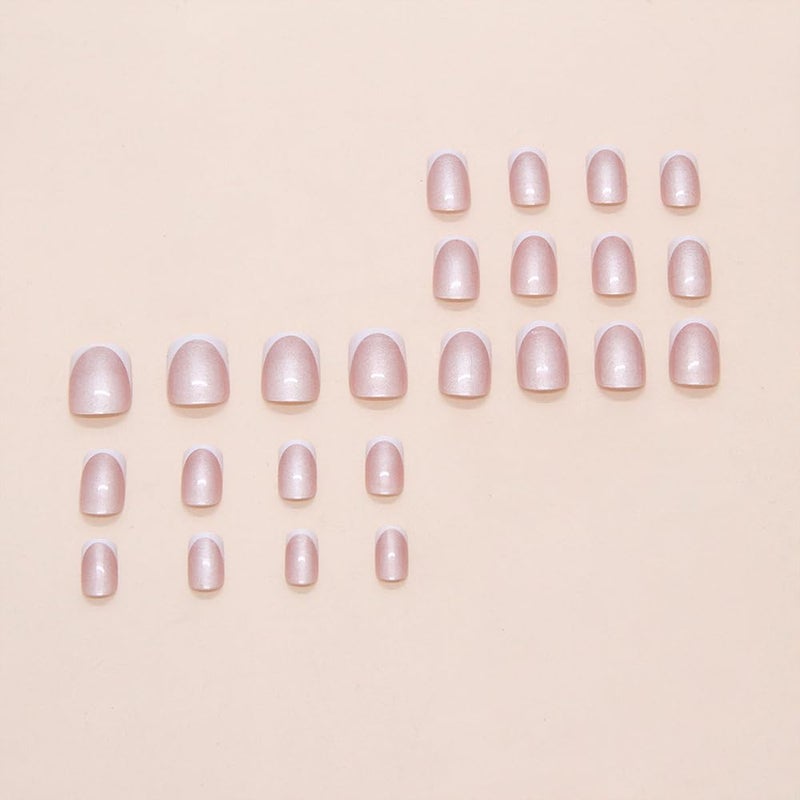 OSTTMA 24Pcs French Tip Press on Nails Short Square Fake Nails Pearl Shine False Nail Glossy Glitter Acrylic Nail Full Cover Glue Stick on Nails French Tips Artificial Fingernails for Women - Image 3